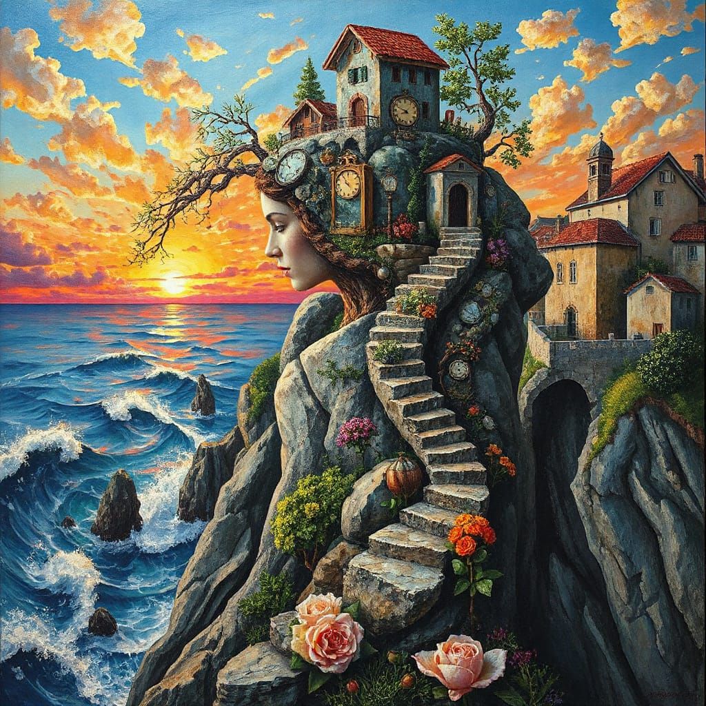 Mystical Woman in Dreamlike Cinque Terre Landscape