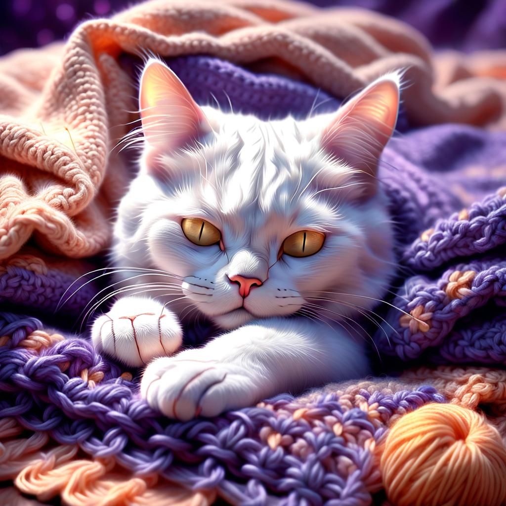 Purple Cat and Mouse Sleeping in Crochet Blanket