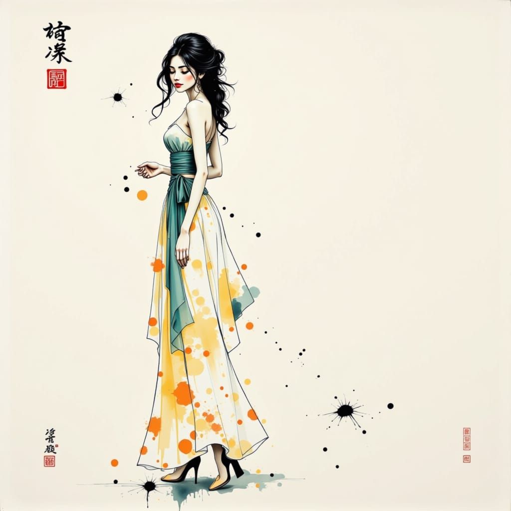 Chinese ink painting style, Fashion Model,,,,,,,,