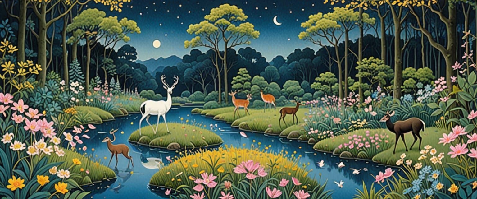 Mystical Forest Glade in Folk Art Style