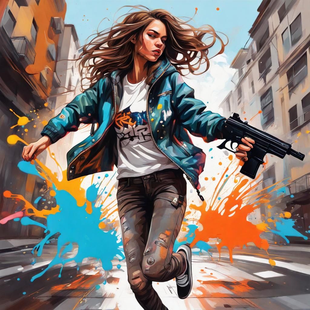 Girl Running in City Street Art Graffiti