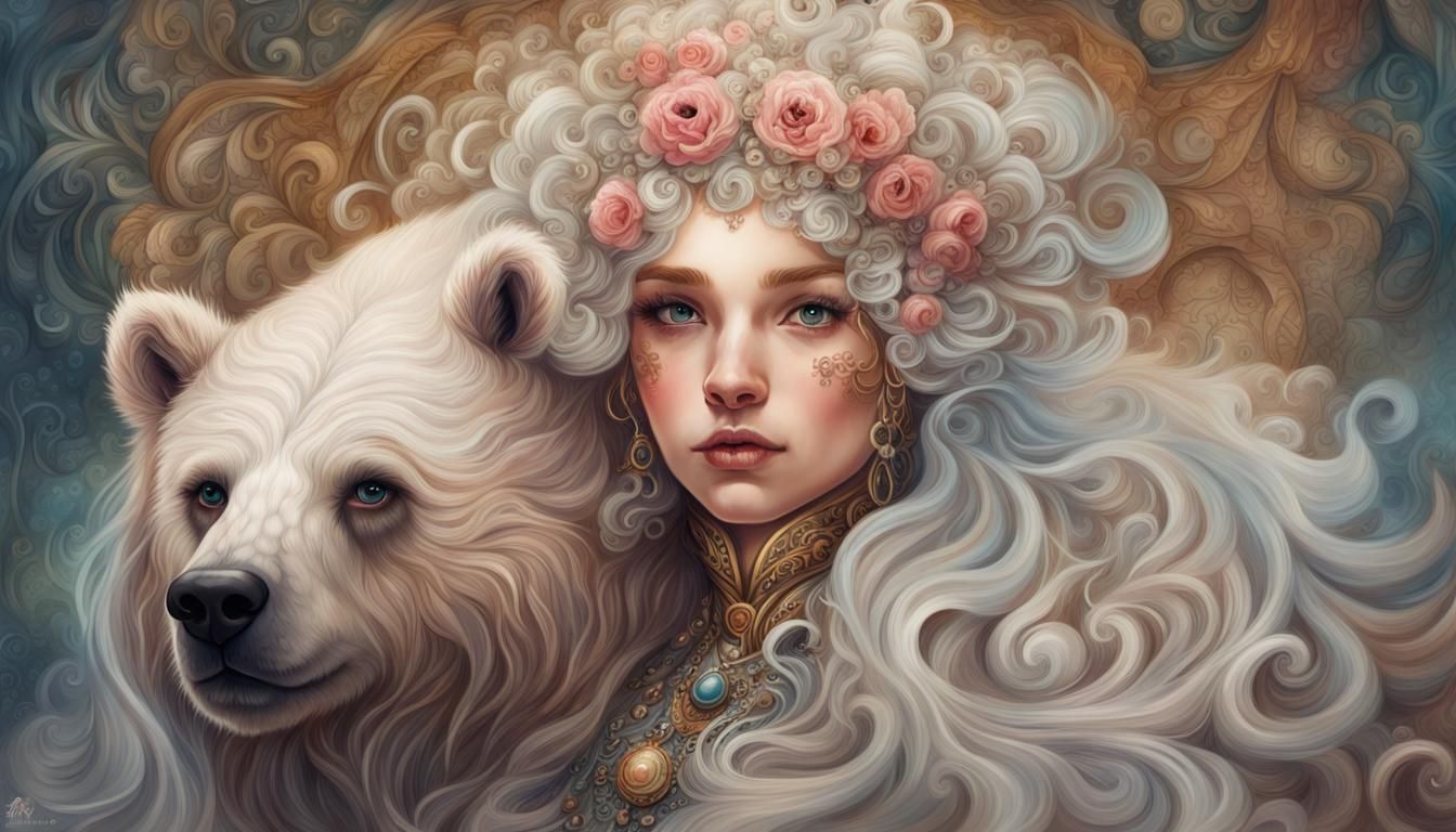 Fantasy Bear Girl Portrait in Watercolor Style