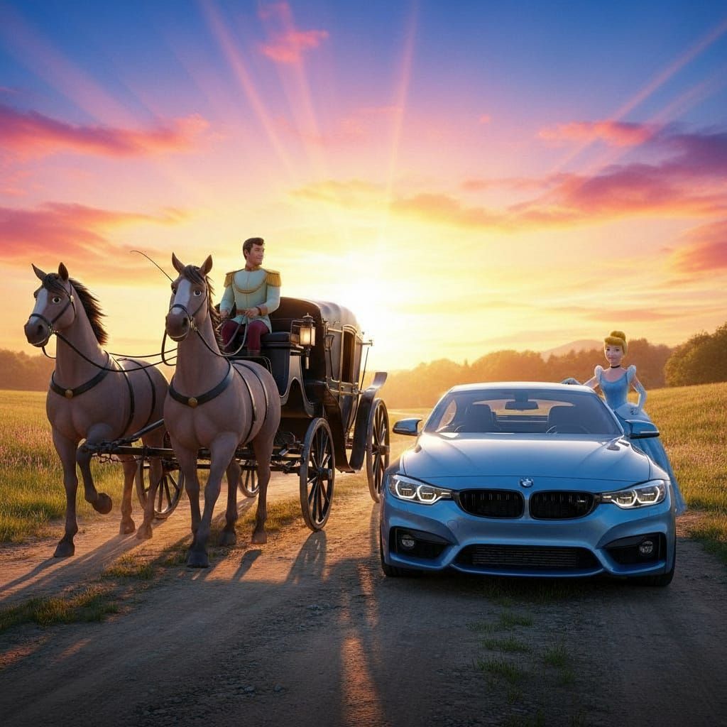 Cinderella's Prince Charming in Carriage Races BMW at Sunset