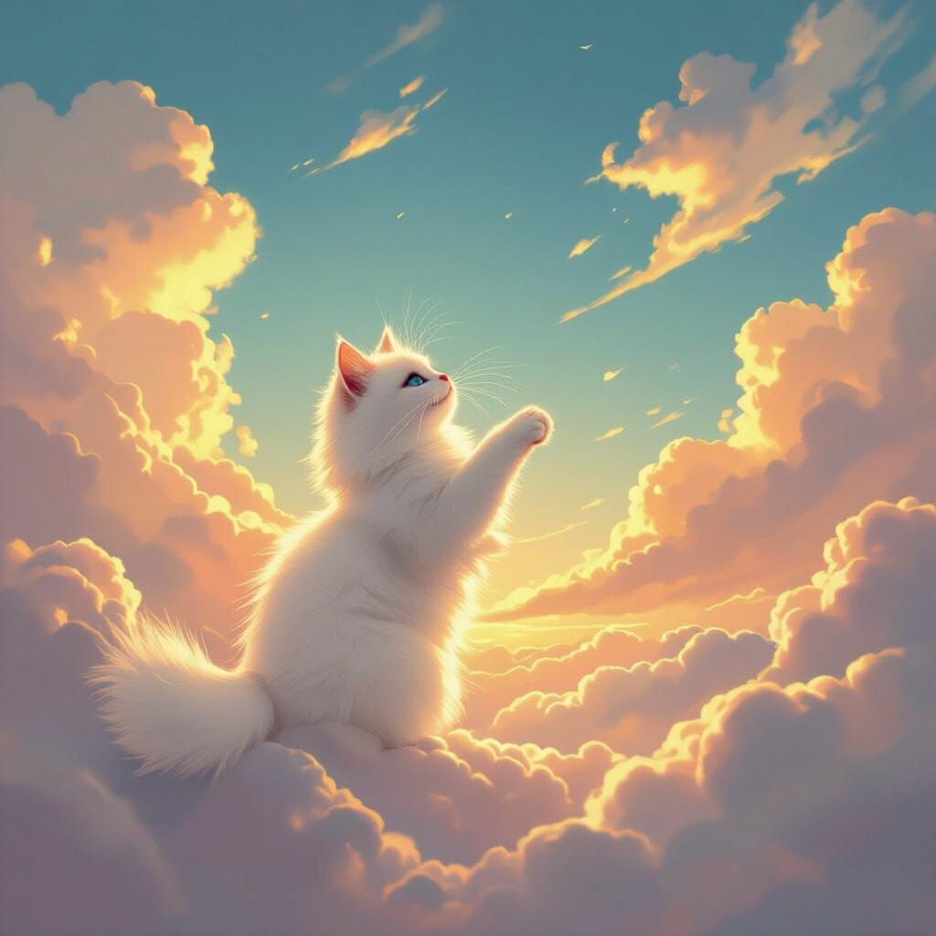 Fluffy White Cat Plays in Ethereal Clouds