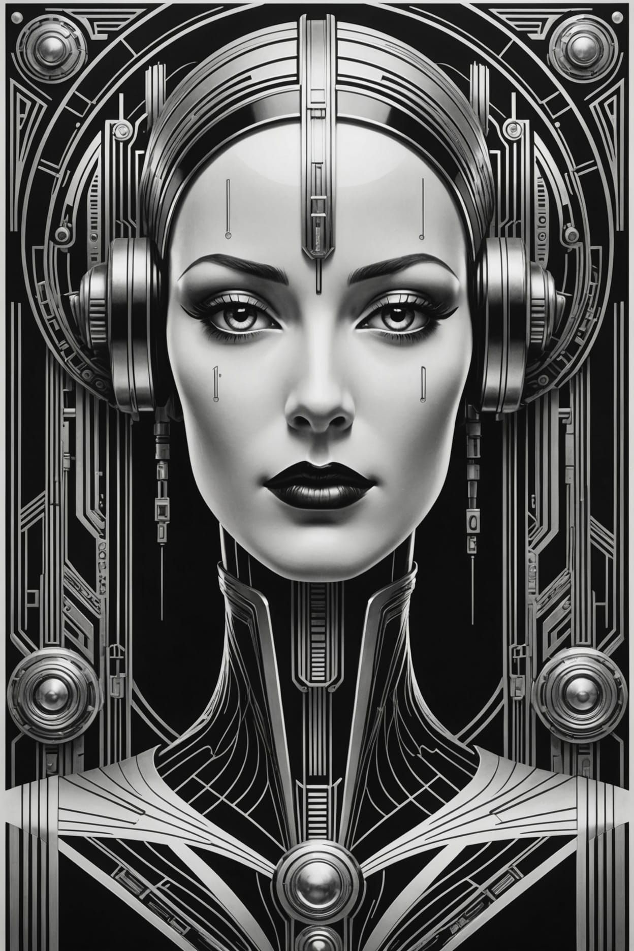 Art Deco Poster: Human and Robot Face in Metropolis Style