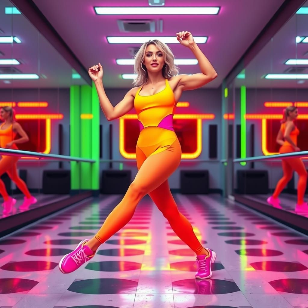 Fit Woman in Neon Aerobics Outfit, 80s Style, in Dance Studi...