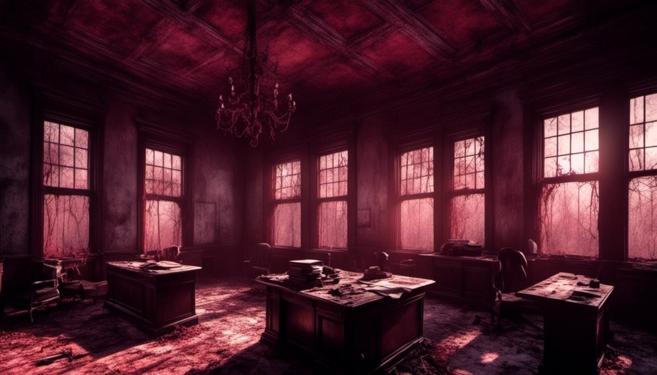 Eerie Sunset Lit Office in Liminal Style