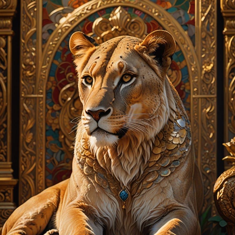 Regal Lioness on Golden Throne