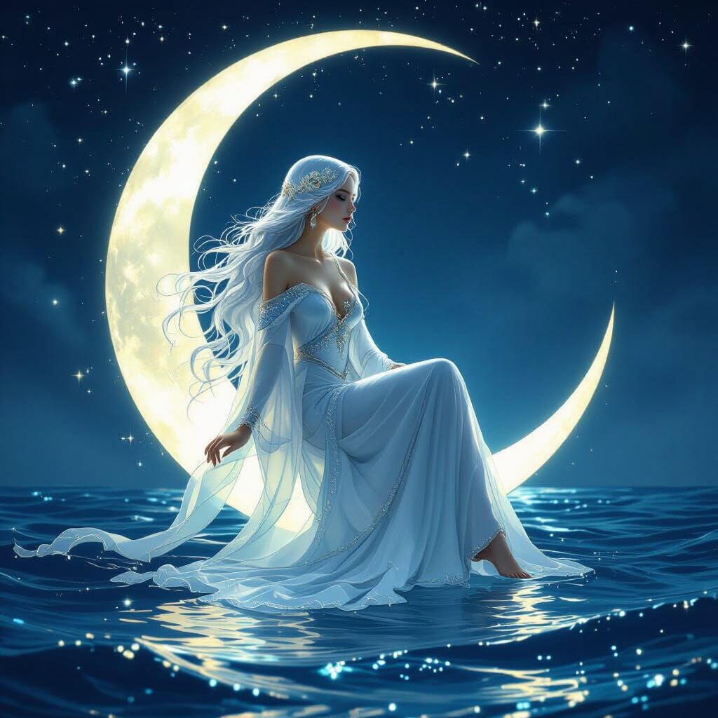 Mystical Moon Goddess on Crescent Moon Over Ocean