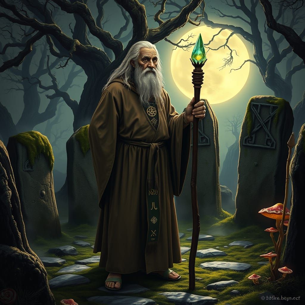 Celtic Druid Channels Ancient Energy in Moonlit Forest
