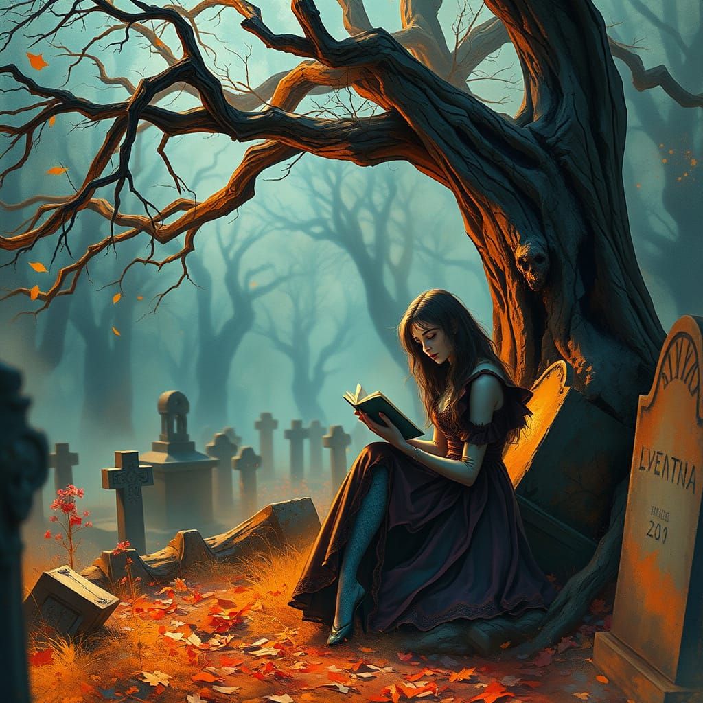 Gothic Woman Reads in Cemetery Watercolor