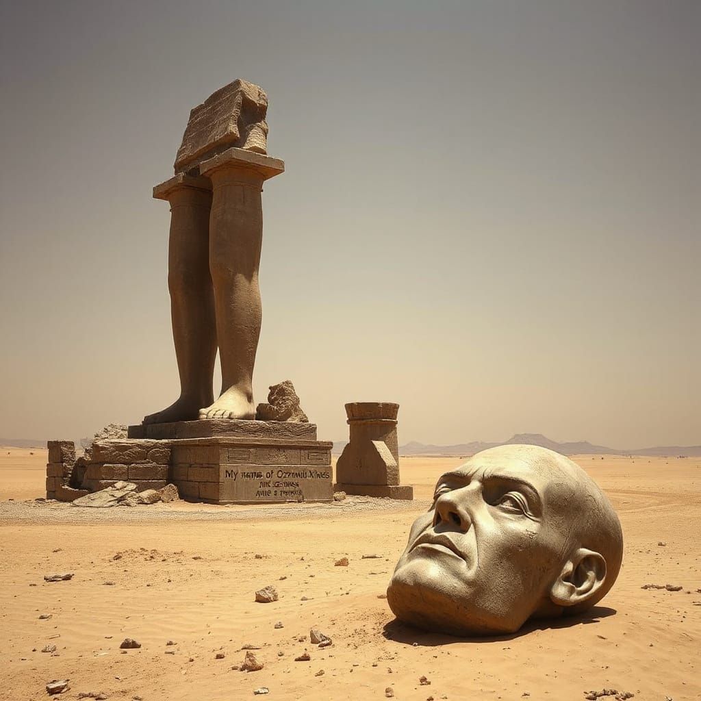 Shattered Ozymandias Statue in Vast Desert Landscape