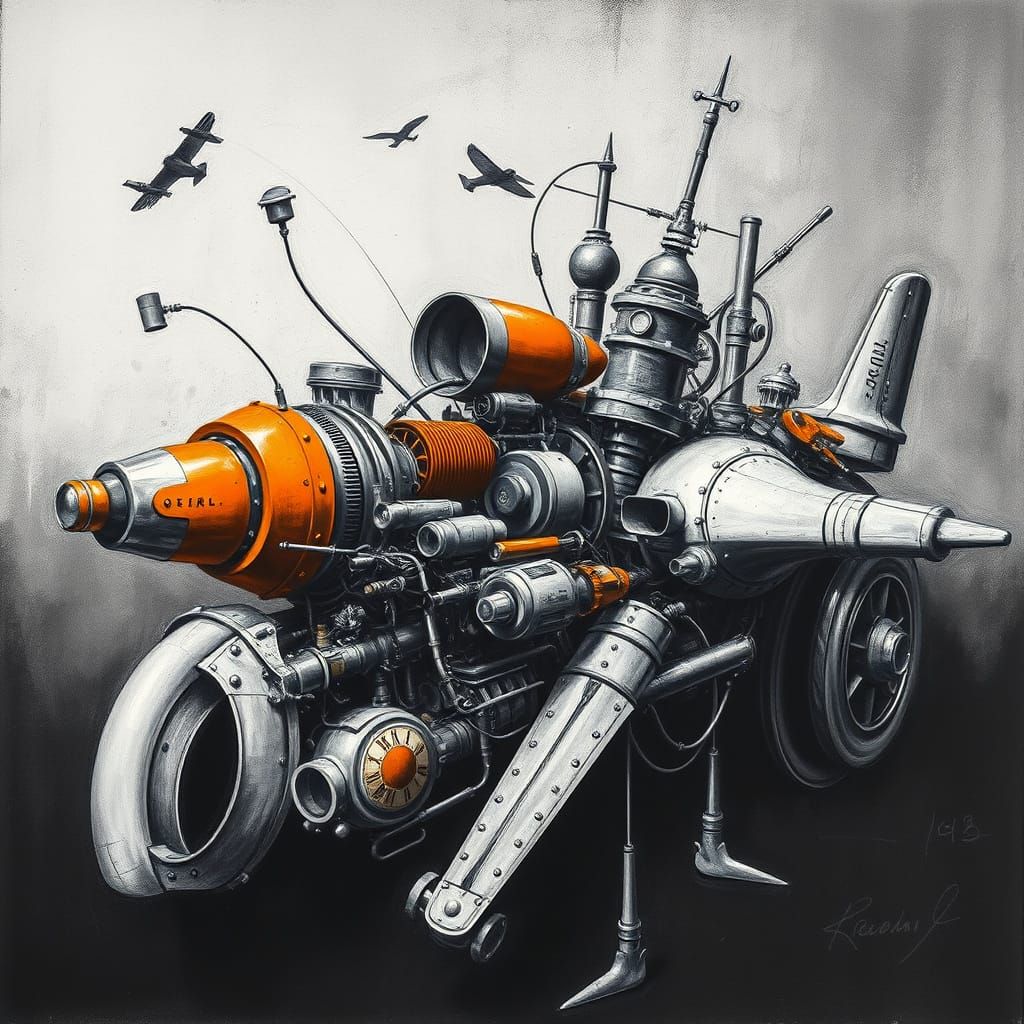 Surreal Steampunk Engine in Grayscale with Orange Accents