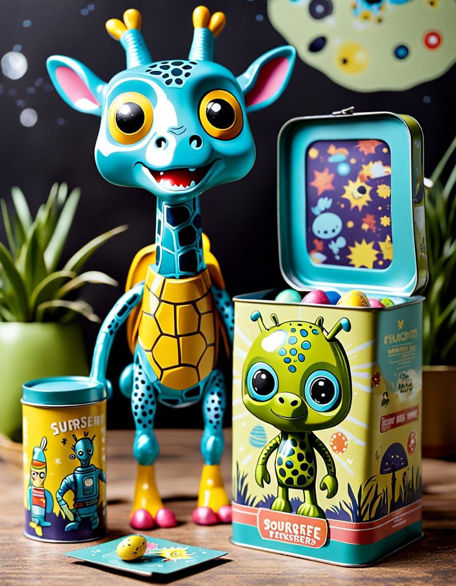 Cute Giraffe Alien Easter Toy in Vintage-Style Tin