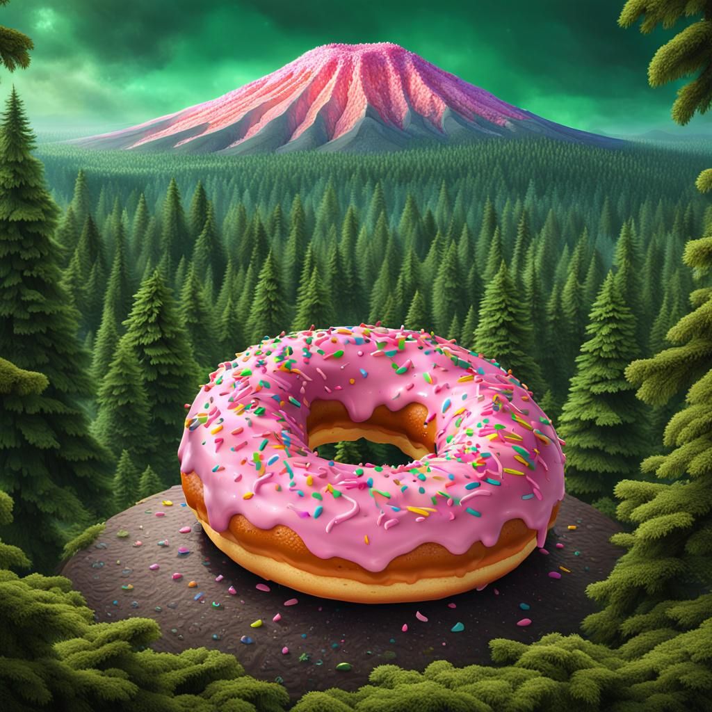 Gigantic Doughnut by Volcano in Pine Forest