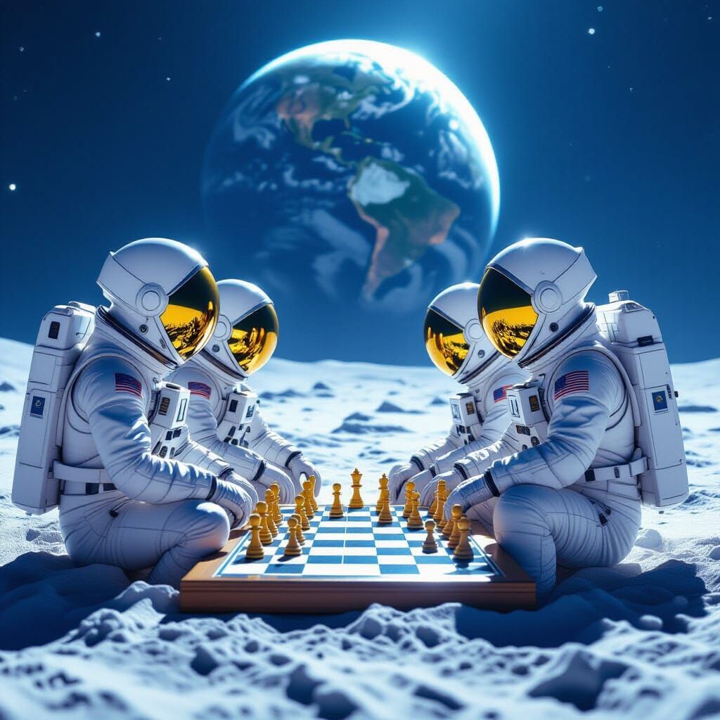 Astronauts Play Chess on the Moon in Sci-Fi Style