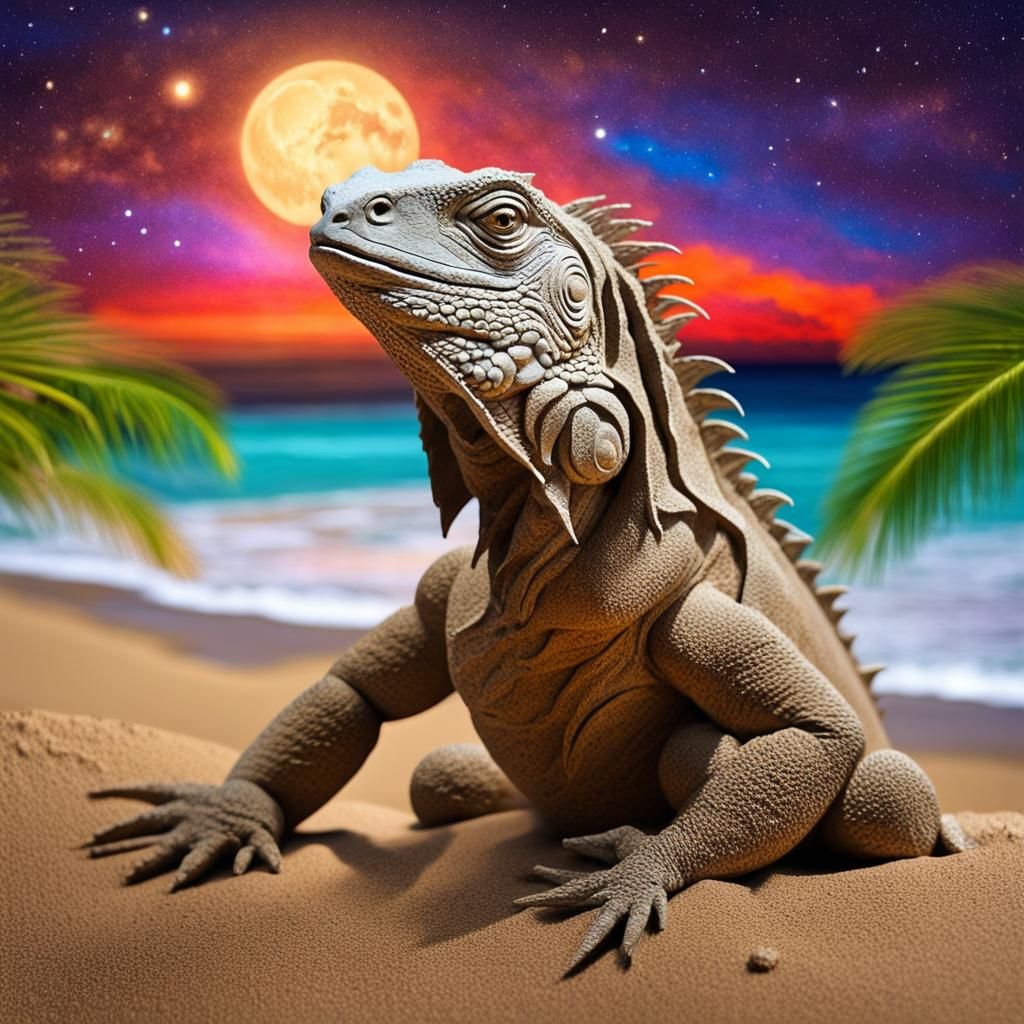 Earth Tone Sand Iguana Sculpture on Beach