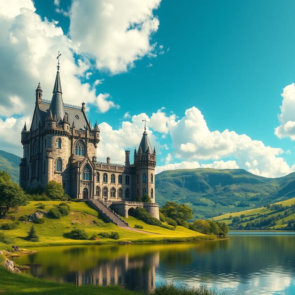 Elegant Scottish Castle Adorned with Intricate Stone Carving...