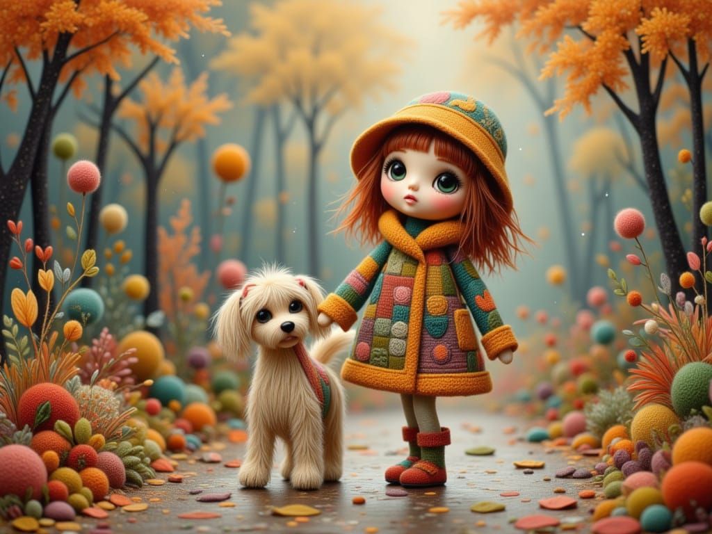 Joyful Toddler Girl Splashes in Autumn Rain with Dog