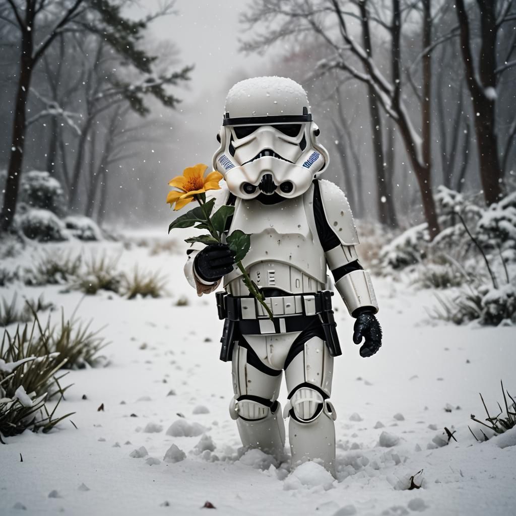 A baby storm trooper holding a flower in a snow