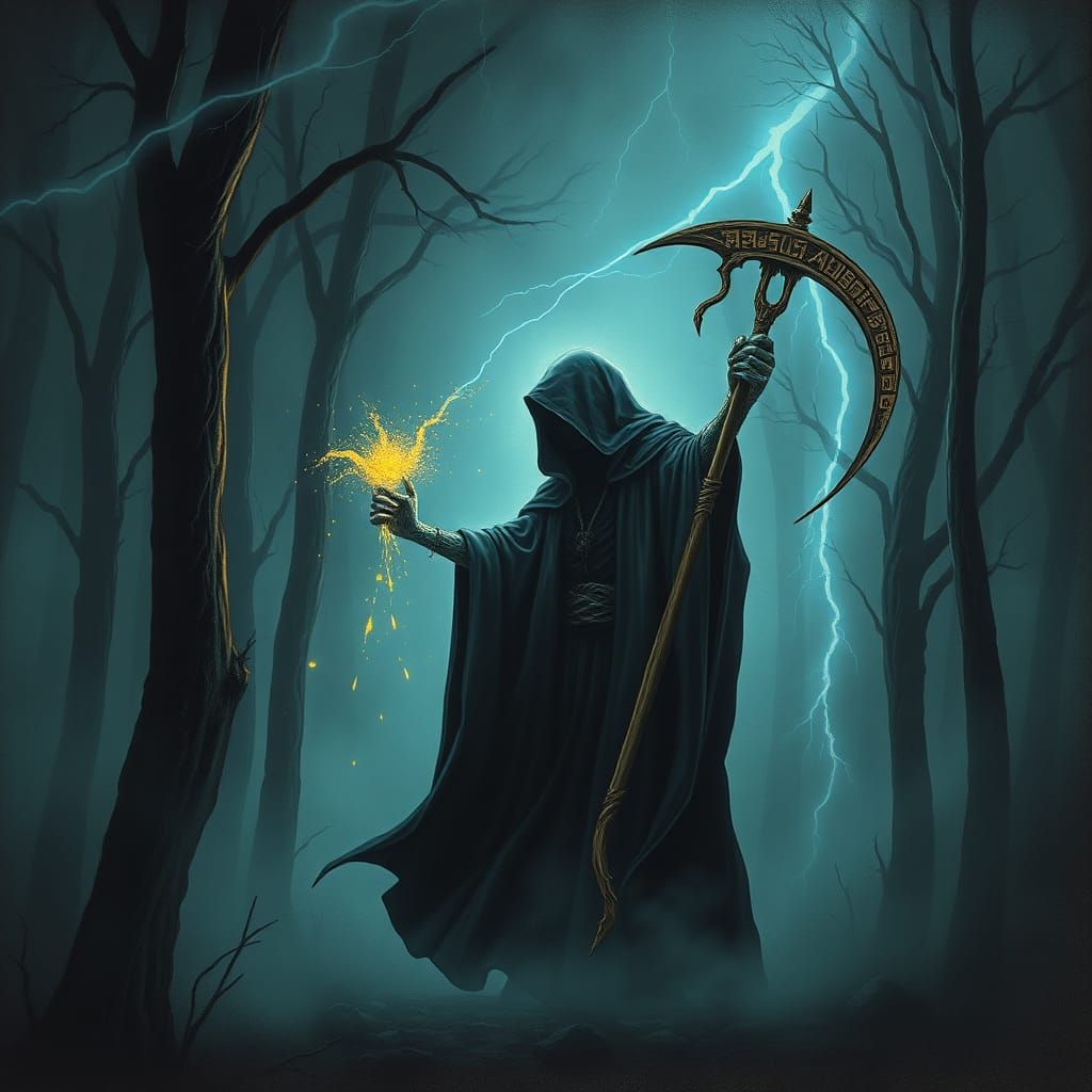 Grim Reaper Collecting Souls in Foggy Wood