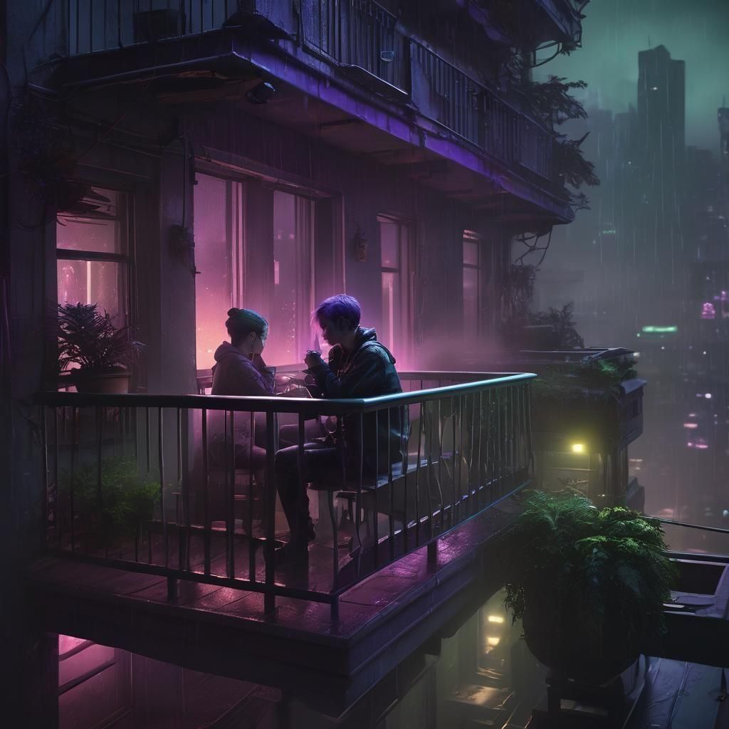 Cyberpunk Balcony Scene in Green and Purple