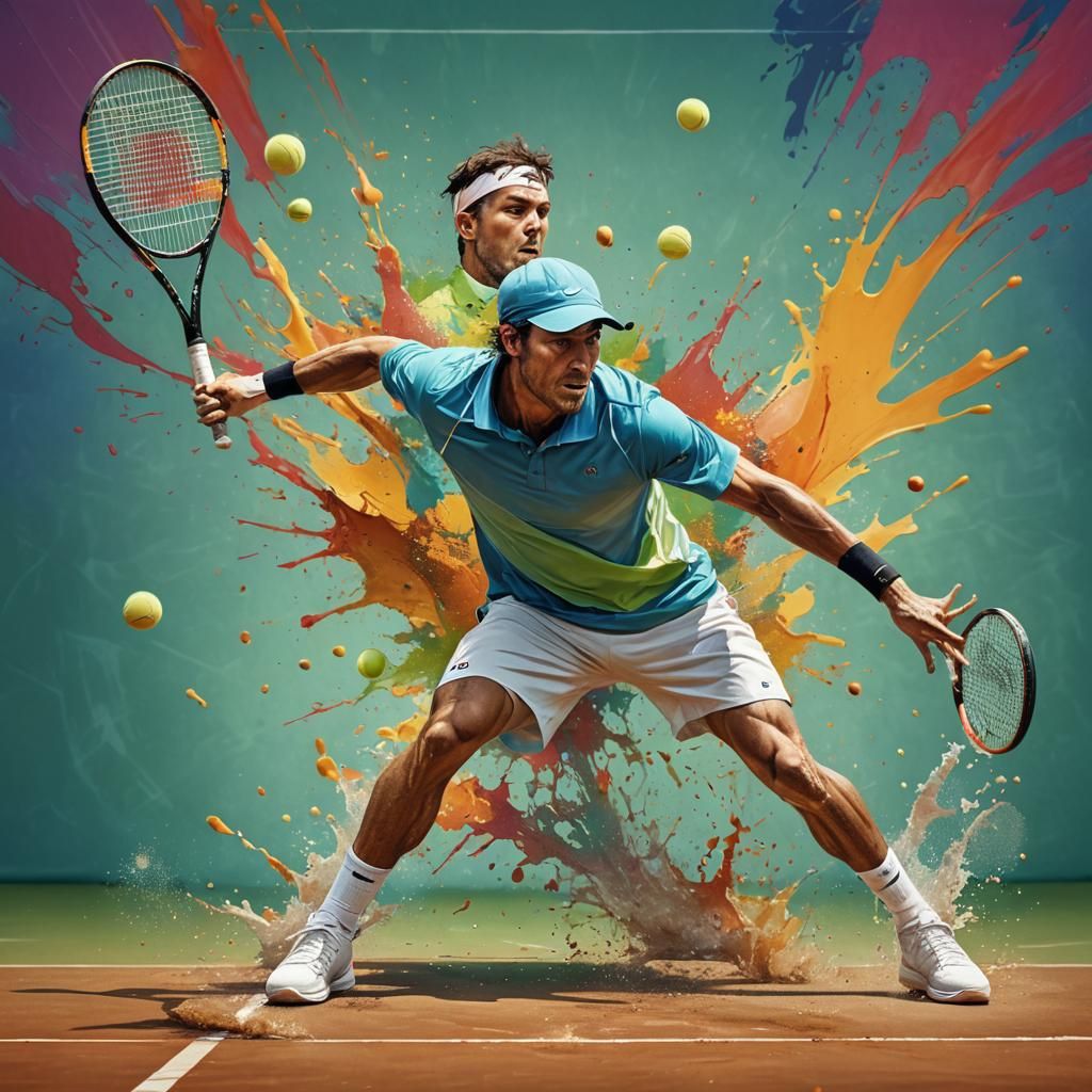 Man Playing Tennis in Action: Hyperrealistic Splash Art