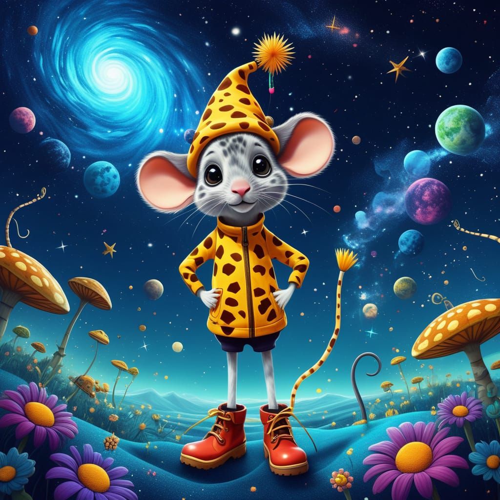 Whimsical Mouse Pretends to be Giraffe in Cosmic Surreal Lan...