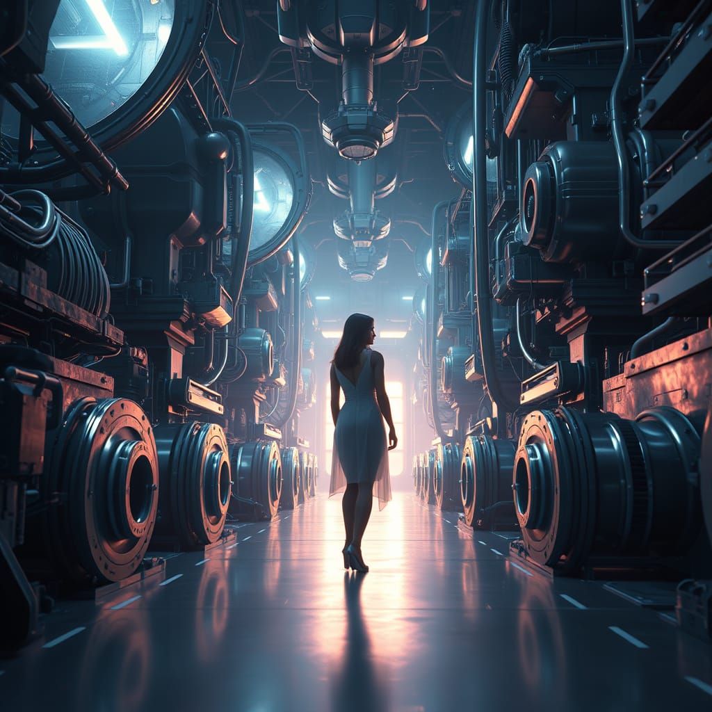Ethereal Woman in a Futuristic Mechanical Art Scene