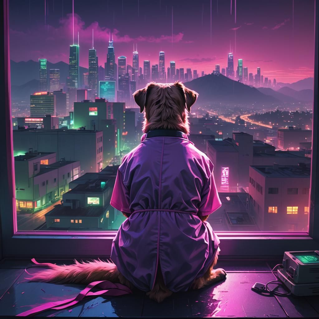 Synthwave Old Man Gazing at Neon Los Santos