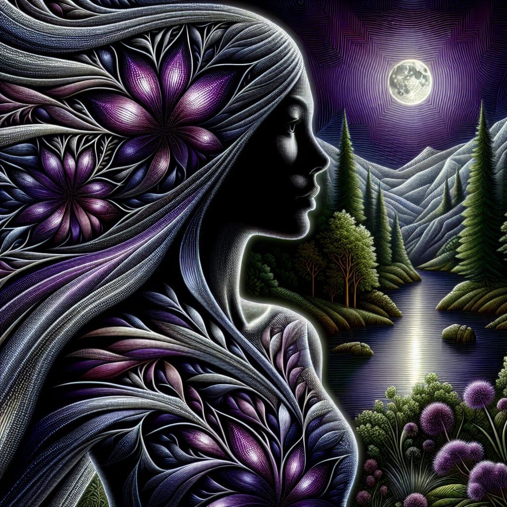 A close up of a silver and deep purple woman intricately crafted from a iridescent purple spiderweb a scene where her si...