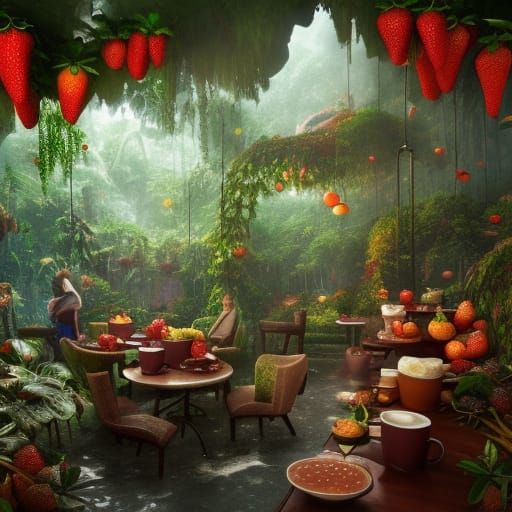 Hyperrealistic Jungle Coffee Shop with Strawberries