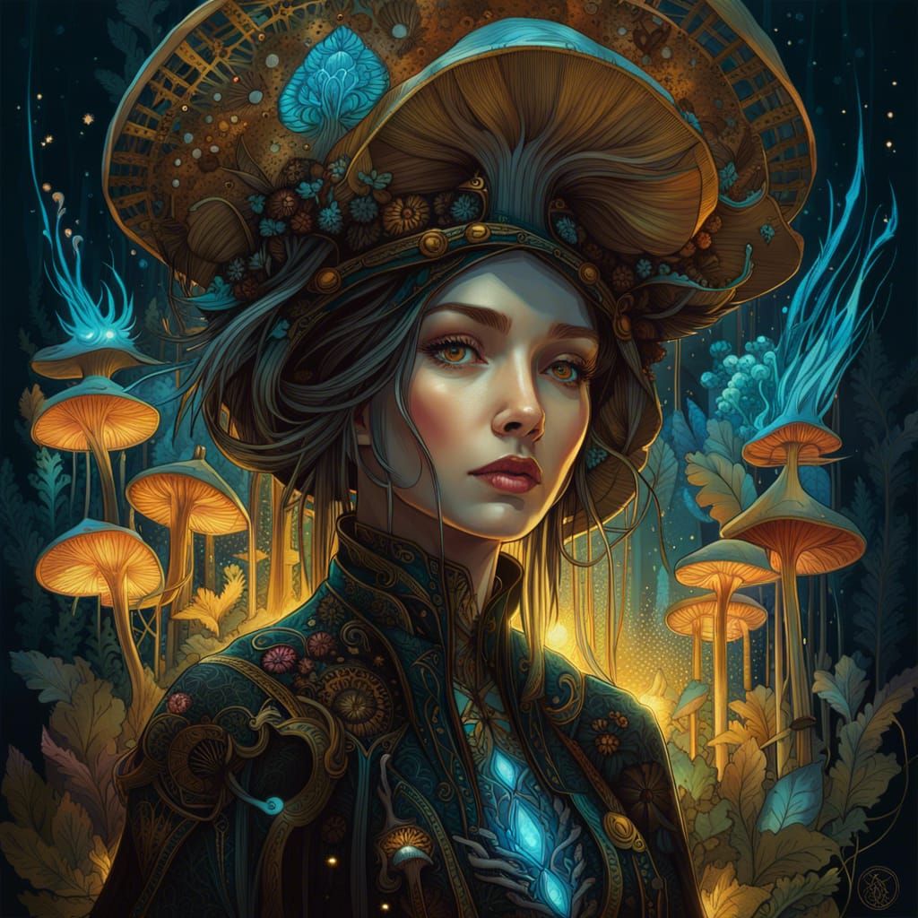 Bioluminescent Mushroom Queen with Golden Outlines