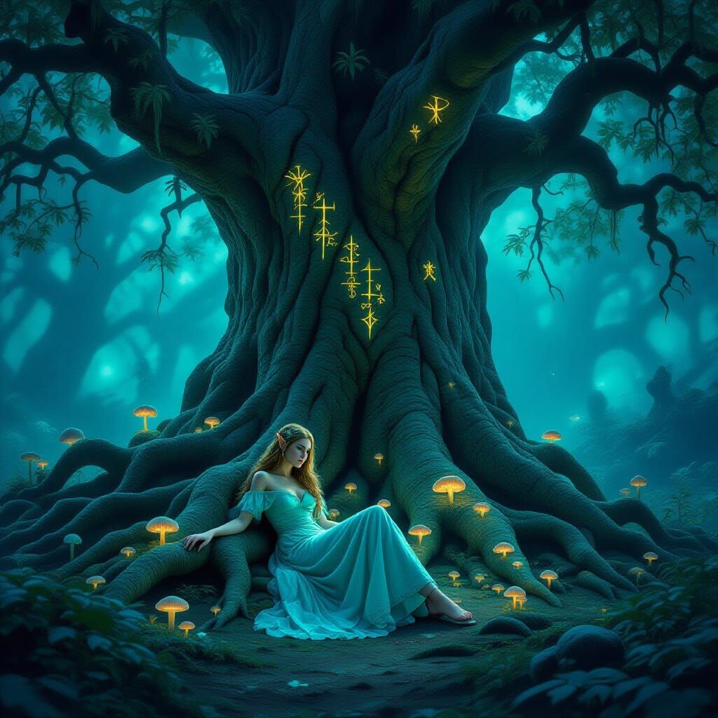 Elvish Woman in Ancient Forest with Ethereal Glow