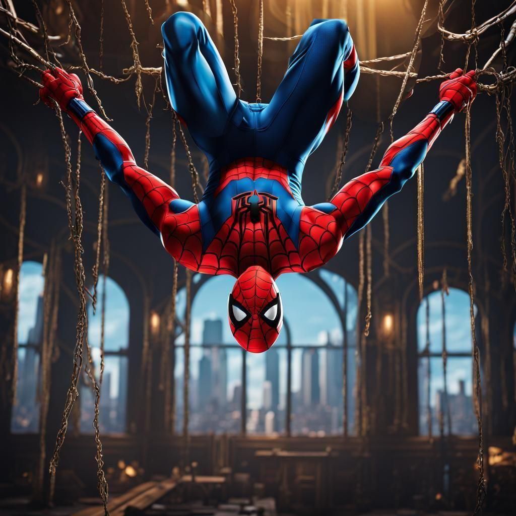 Spiderman hanging upside down vector art symmetrical