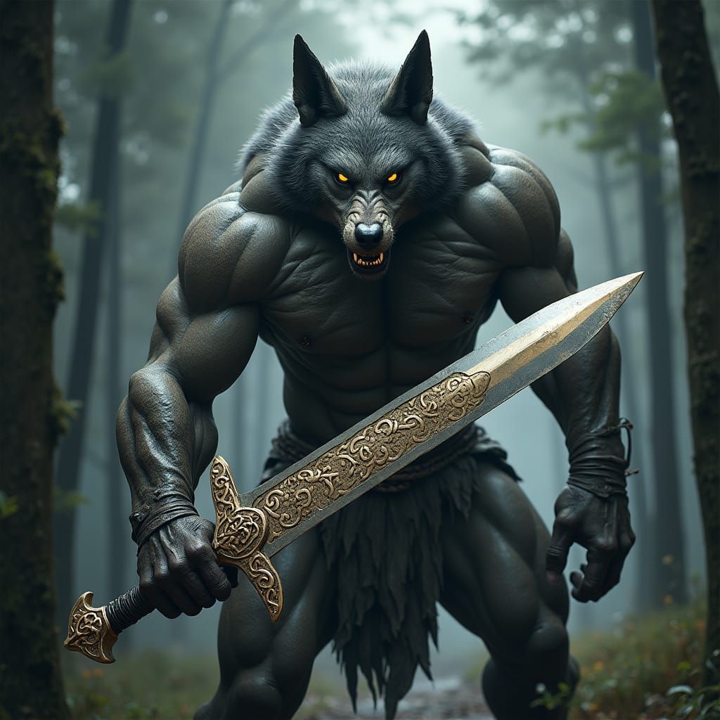 Human-Wolf Hybrid with Sword in Dark Forest, Gothic Realism