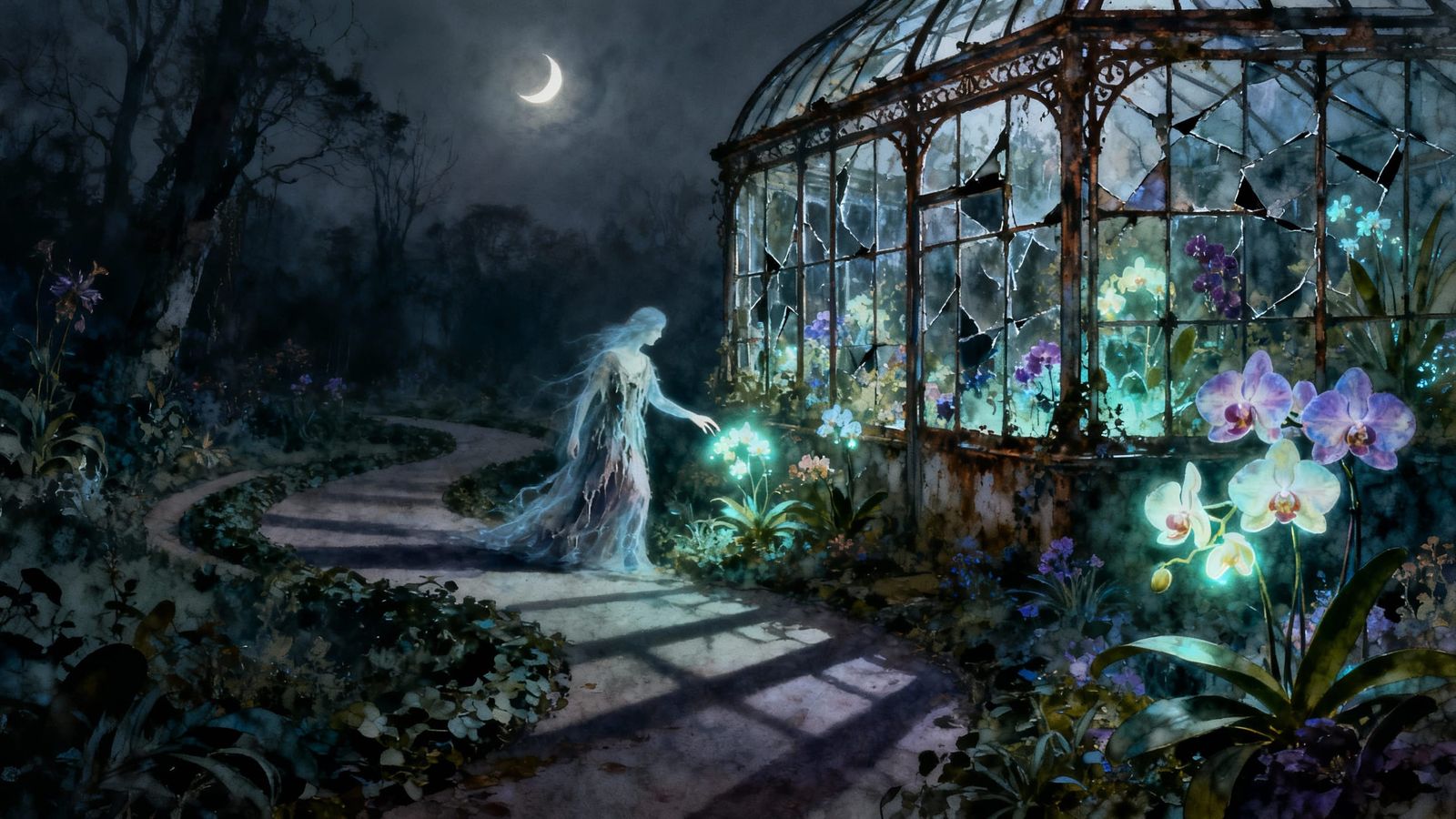 Ethereal Victorian Greenhouse Overrun by Luminous Flora