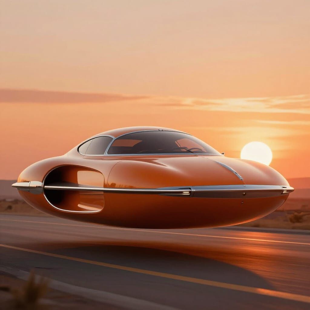 Retro-Futuristic Orange Hover Car at Sunset