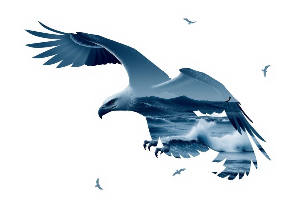 Dark Blue Eagle in Stormy Ocean Double Exposure