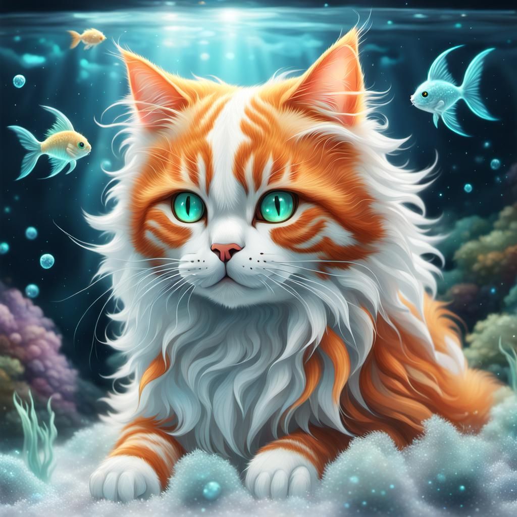 ginger and white bioluminescent fluffy cat with a fish body ...