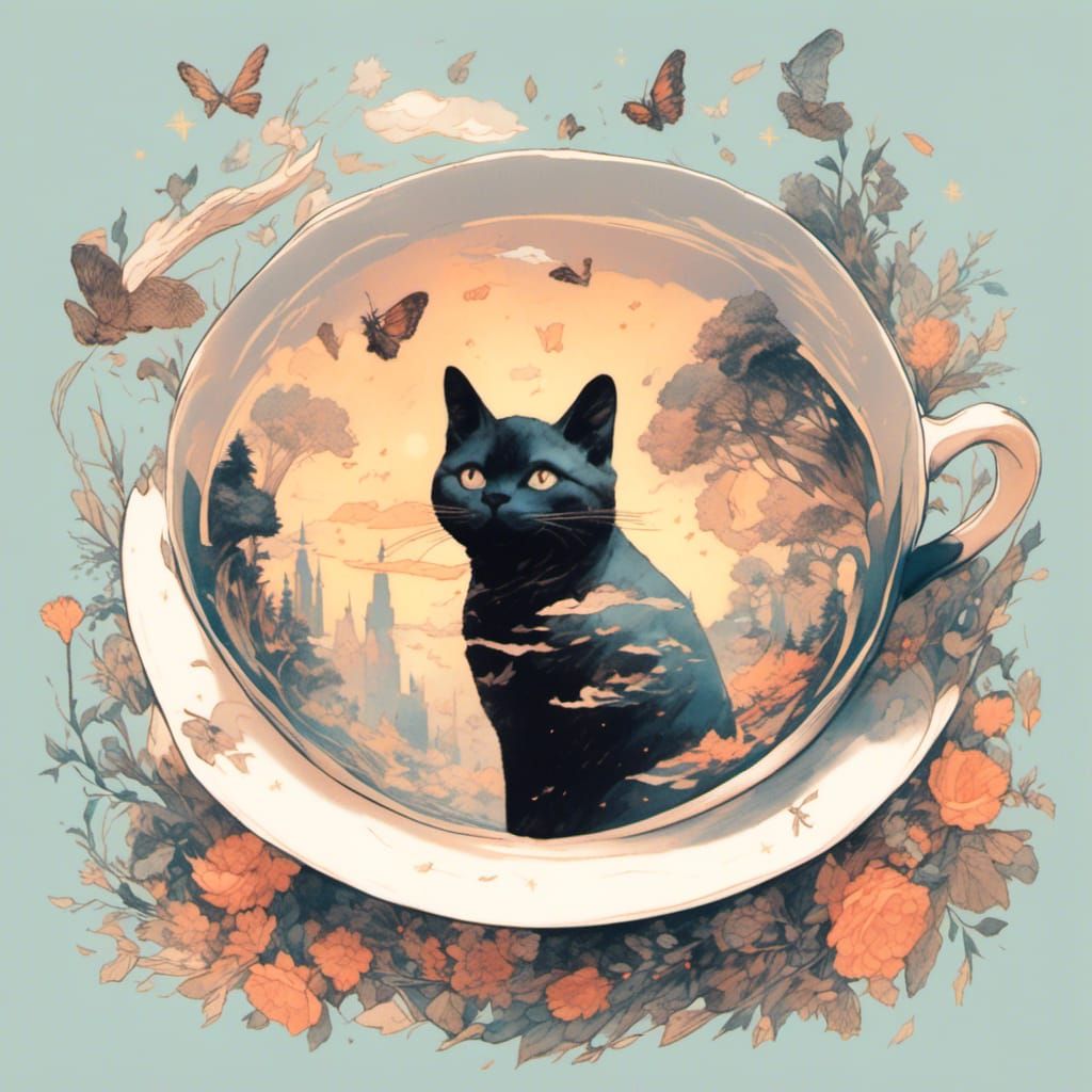 Elegant Tea Cup with Cat Double Exposure Photo