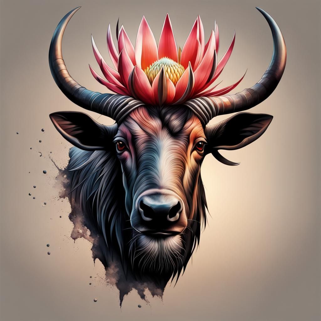 Wildebeest and Protea Tattoo Logo in Splash Art