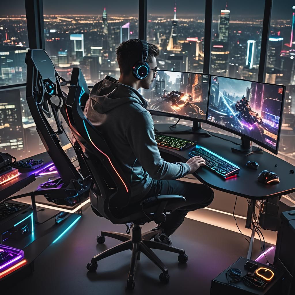 Cinematic Gaming Setup with RGB and Cityscape View
