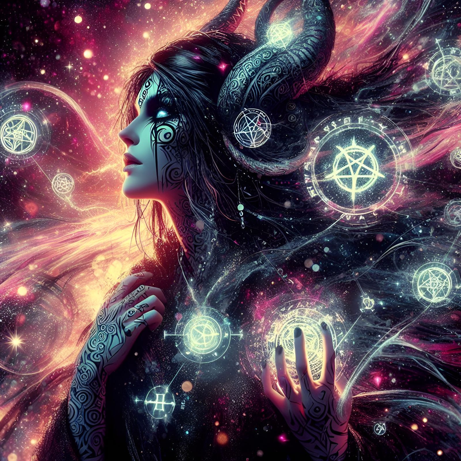 Morrigan with tattoos runes