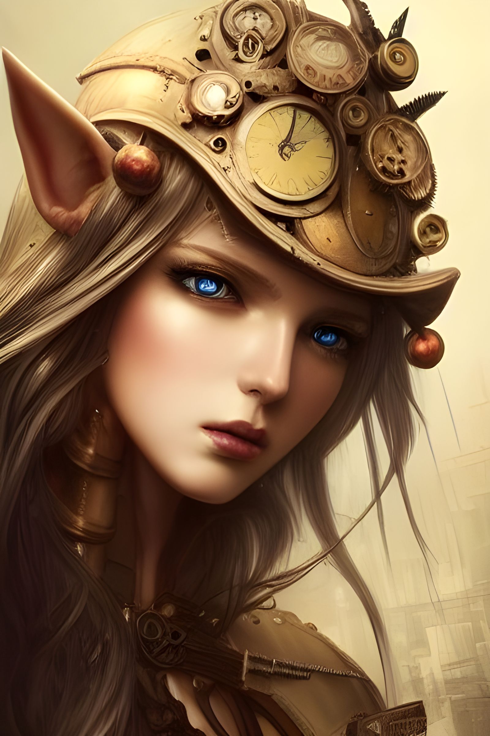 Steampunk Elf Goddess in Hyper-Detailed City