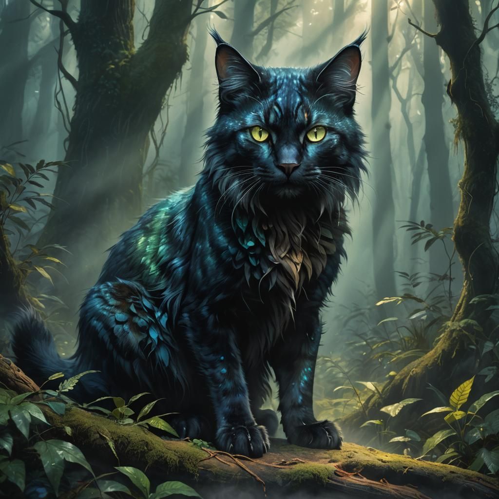 Shadowclan Cat in Misty Forest: Dark Fantasy Art