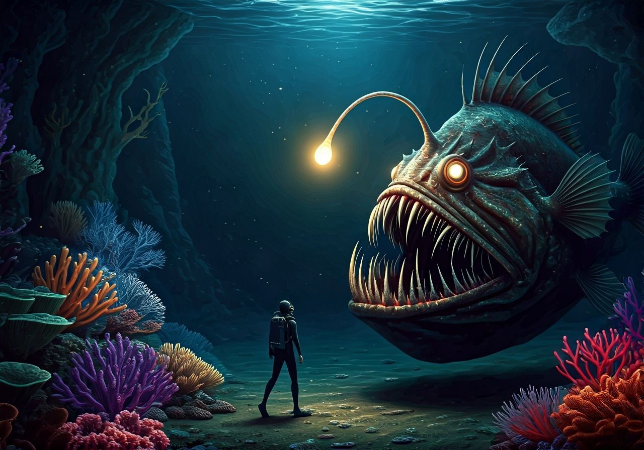 Mesmerized Diver and Bioluminescent Anglerfish