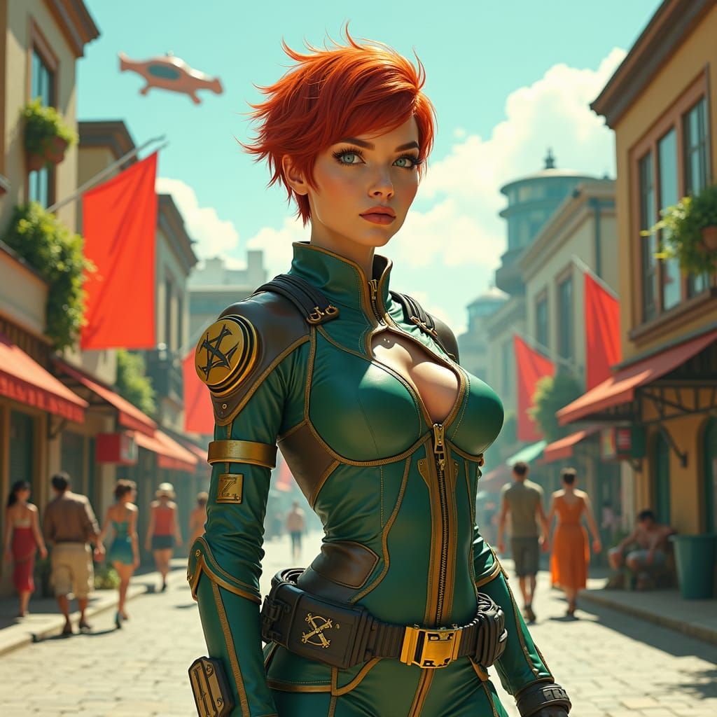 Confident Redhead in Solarpunk City, Syd Mead Style