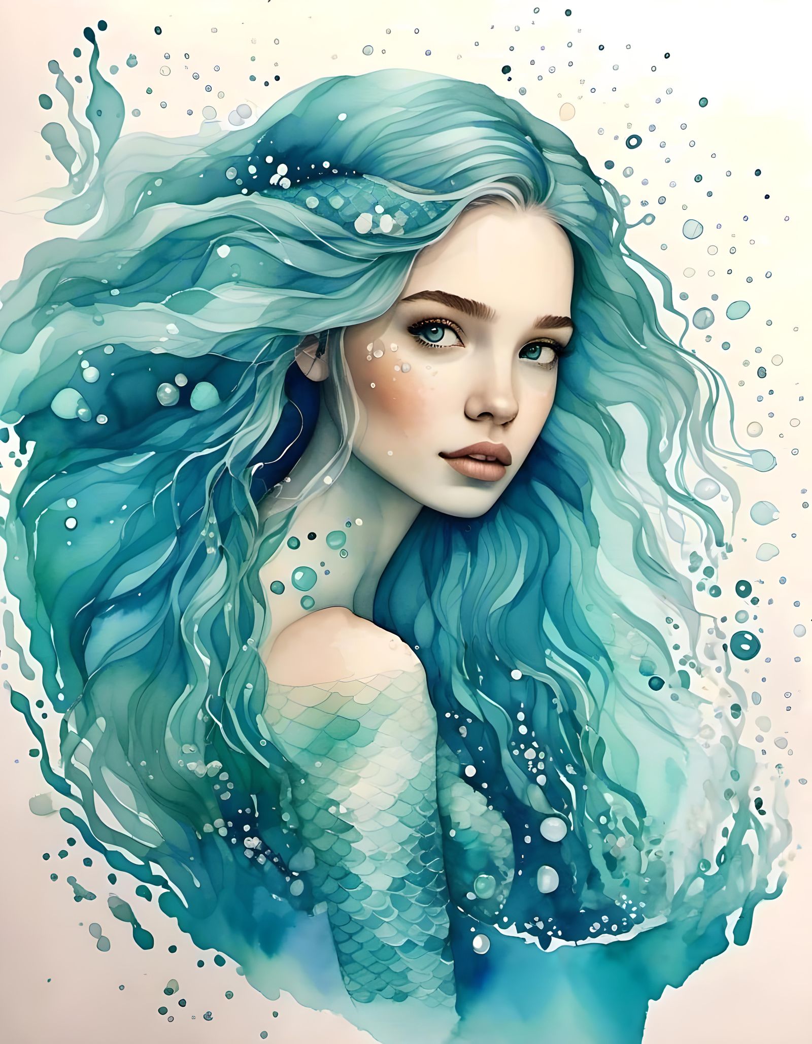 Watercolor Mermaid Portrait in Turquoise Sea