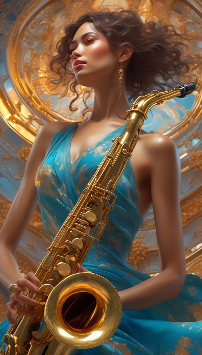 Woman Playing Saxophone: Hyperdetailed Art Portrait